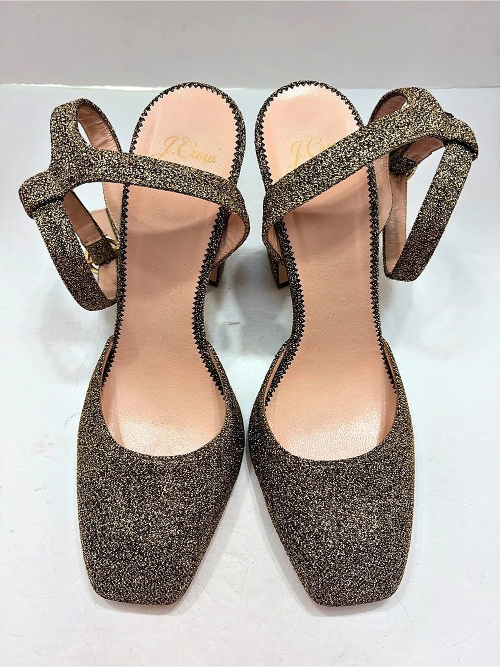 J.Crew Gold Glitter Ankle Strap Block Heel Shoes Size 10(Made in Italy)